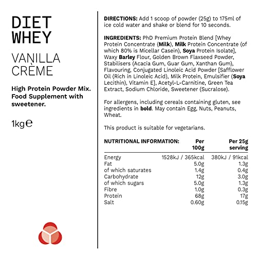 PhD Nutrition Diet Whey High Protein Lean Matrix, Vanilla Crème Diet Whey Protein Powder, High Protein, 40 Servings Per 1 kg Bag