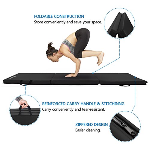 Bonnlo 6' Folding Tri-fold Gymnastics Gym Exercise Aerobics Mat, 6’x 2’x 2” PU Leather Tumbling Mats for Stretching Yoga Cheerleading Martial Arts (Black)