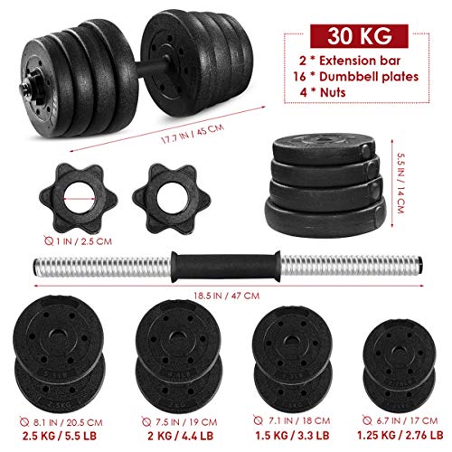 30KG Dumbbells Set, A Pairs Adjustable Dumbbells Weight Set Non-slip Fitness Dumbbells Set with Connecting Rod Used as Barbell for Men and Women Gym Home Workout Training