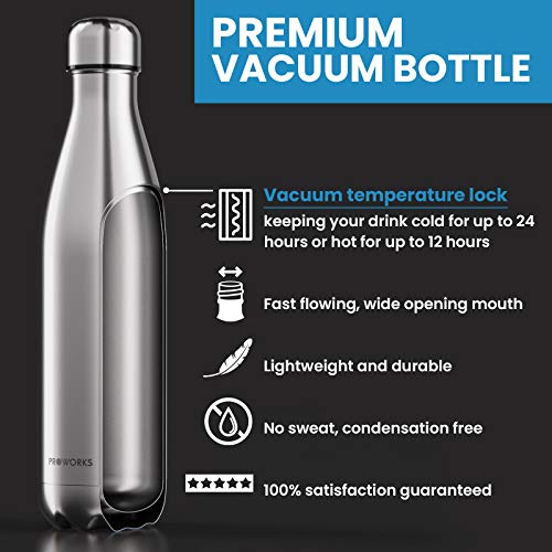 Proworks Performance Stainless Steel Sports Water Bottle | Double Insulated Vacuum Flask for 12 Hours Hot & 24 Hours Cold Drinks - For Home, Work, Gym & Travel - 1.5 Litre - BPA Free – Silver