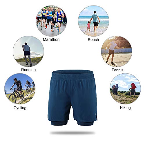 Lixada 2-in-1 Men's Running Shorts Quick Drying Breathable Active Training Exercise Jogging Work-Out Shorts with Back Pocket Longer Liner & Reflective Elements (Black, M)