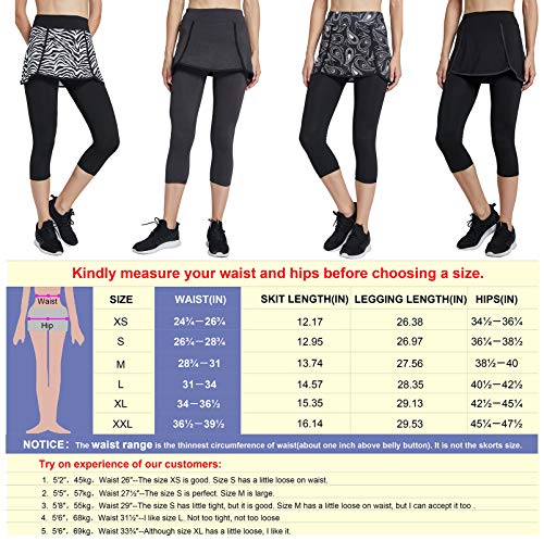 Westkun Women's Leggings with Skirt Sports Running Golf Tennis Capris Trousers Workout 3/4 Skirted Yoga Pants with Ball Pockets 2 in 1(Black,L)