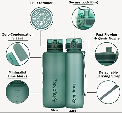 Hydracy Water Bottle with Time Marker -Large 1 Litre BPA Free Water Bottle & No Sweat Sleeve -Leak Proof Gym Bottle with Fruit Infuser Strainer & Times to Drink -Ideal for Fitness Sport & Outdoor