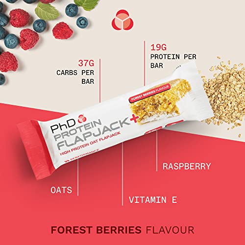 PhD Nutrition Protein Flapjack+, High Protein Snacks, Low Sugar Oat Flapjack, Forest Berries Flavour, 19g Protein Per Bar (12 Pack)