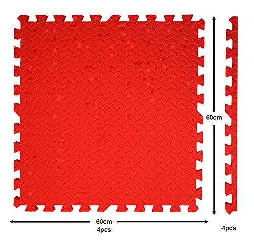 Edukit Interlocking Puzzle Floor Tiles Mat; Pack of 4; 61.5 x 61.5cm; 2cm Thick; EVA Foam; Red – Thicker and Larger than Regular Tiles for Heavyweight Equipment - Ideal for Gyms, Garage or Gardens