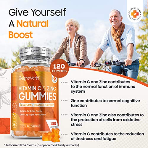 Vitamin C and Zinc Gummies - 120 Vegan Gummies (2 Month Supply) Tasty Orange Vitamins Gummies for Adults, Immune System, Tiredness and Fatigue & Skin Health, Vitamin C Gummy Supplement - Keto