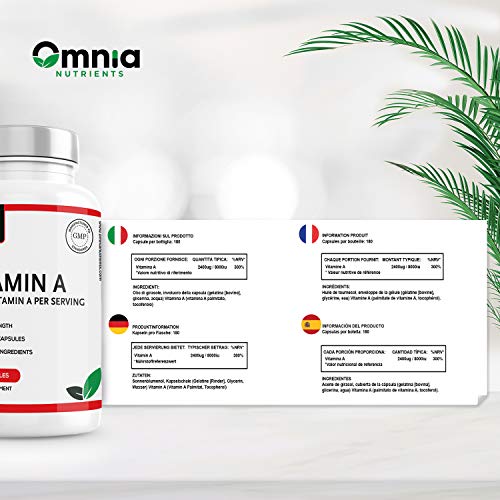 Vitamin A 8000 IU for Healthy Immune System, Healthy Skin and Normal Vision |180 High Strength Softgel Capsules | 2400 μg Per Serving | Made in The UK by Omnia NUTRIENTS