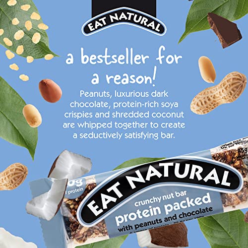 Eat Natural Protein Packed Peanuts & Chocolate Nut Bar — 20 x 45g Snack Bars, Gluten Free Cereal Bars — Seriously Crunchy Snacks — Deliciously Good Protein Bars — With Soya Crispies, Shredded Coconut