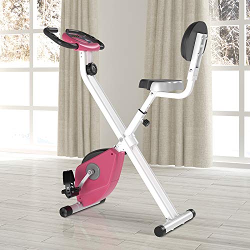 HOMCOM Magnetic Resistance Exercise Bike Foldable w/LCD Monitor Adjustable Seat Heart Rate Monitors Food Straps Foot Pads Home Office Fitness Training Workout - Pink
