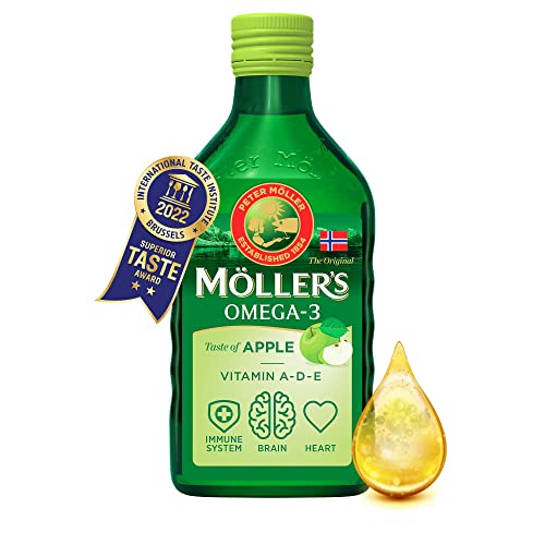 Moller’s ® | Omega 3 Cod Liver Oil | Omega-3 Dietary Supplements with EPA, DHA, Vitamin A, D and E | Superior Taste Award | Pure & Natural cod Liver Oil | 166 Year Old Brand | Apple | 250 ml