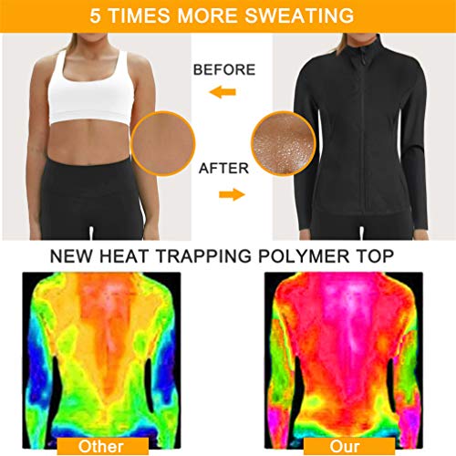 Chumian Women Hot Sweat Sauna Suit Track Jackets Workout Long Sleeve Tank Tops with Zipper Slimming Polymer Waist Trainer (Black, M)