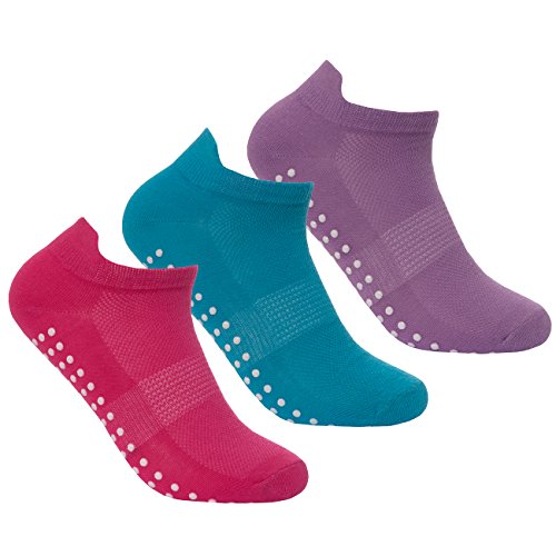 3 x Pairs Non Slip Yoga Pilates Socks Martial Arts Fitness Dance Barre, Anti-slip/Non-slip, Full Toe Ankle Fall Prevention Grip Socks, Sox UK 4-8 / EU 37-42 (Blue/Pink/Purple Non Slip)
