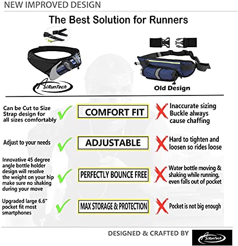 AiRunTech Upgraded No Bounce Hydration Belt Can be Cut to Size Design Strap for Any Hips for Men Women Running Belt with Water Bottle Holder with Large Pocket Fits Most Smartphones (Black)