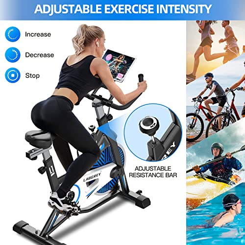 LABGREY Exercise Bike Indoor Cycling Bike Stationary Cycle Bike with Heart Rate Sensor & Comfortable Seat Cushion, Quiet Fitness Bike for Home Cardio Workout (Blue)