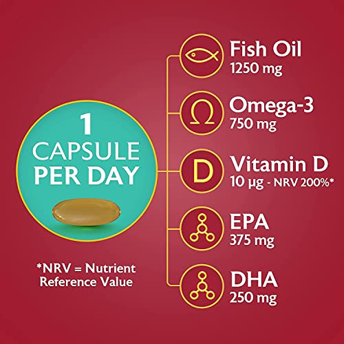 Seven Seas Omega-3 Fish Oil Extra Strength, One-A-Day, Vitamin D, 1250 mg Fish Oil, 750 Mg Omega-3 + 250 mg, 30 High Strength Tablets