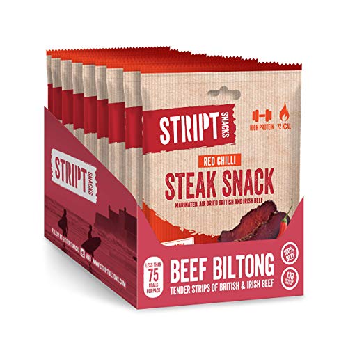 Stript Snacks Beef Biltong - Red Chilli - 10x25g - Beef Jerky, High Protein, Healthy Snack, Low in kcals.