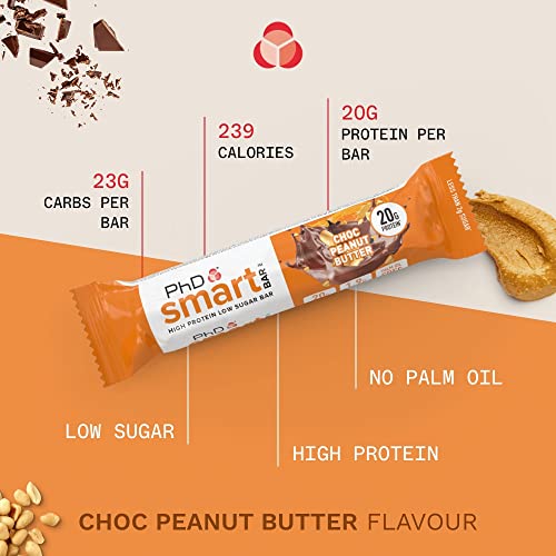 PhD Nutrition Smart Protein Bar, High Protein Low Sugar Protein Snacks, Chocolate Peanut Butter Flavour, 20g of Protein, 64g Bar (12 Pack)