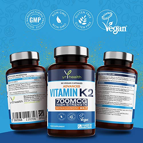 Vitamin K2 MK7 700mcg - High Strength Vitamin K2 Menaquinone - 90 Vegan Society Registered Capsules Not Tablets - Made in The UK by YrHealth