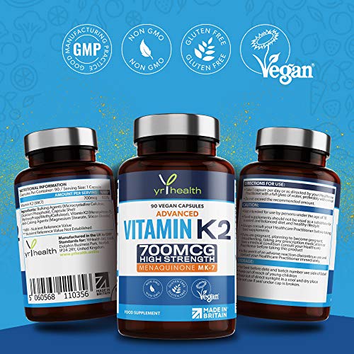 Vitamin K2 MK7 700mcg - High Strength Vitamin K2 Menaquinone - 90 Vegan Society Registered Capsules Not Tablets - Made in The UK by YrHealth - Gym Store | Gym Equipment | Home Gym Equipment | Gym Clothing