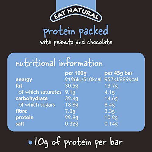 Eat Natural Protein Packed Peanuts & Chocolate Nut Bar — 20 x 45g Snack Bars, Gluten Free Cereal Bars — Seriously Crunchy Snacks — Deliciously Good Protein Bars — With Soya Crispies, Shredded Coconut
