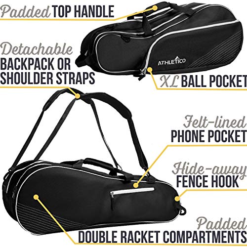 Athletico 6 Racquet Tennis Bag | Padded to Protect Rackets & Lightweight | Professional or Beginner Tennis Players | Unisex Design for Men, Women, Youth and Adults (Black)