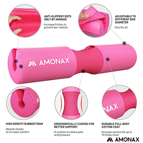AMONAX Barbell Squat Pad, Extra Thick Foam Padding for Neck & Shoulder Support, Heavy Duty Gym Fitness Workout Cover for Women Hip Thrusts, Weight Lifting and Heavy Weight Squats (Pink)