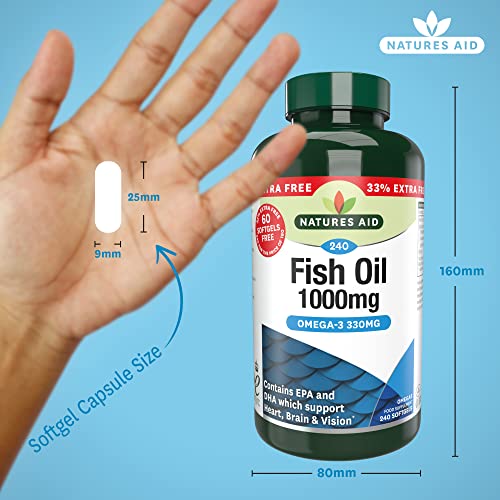Natures Aid Fish Oil 1000mg | Omega 3 (180mg Epa & 120mg Dha) | Made In The Uk, 240 Softgels For The Price of 180, 240 Capsules