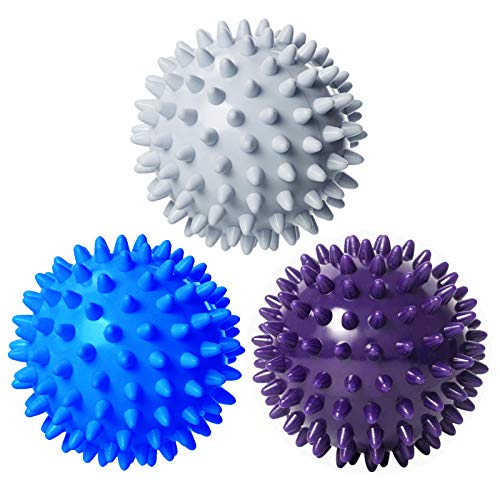Anvin Spiky Massage Balls Pack of 3 Muscle Roller Lacrosse Balls for Plantar Fasciitis Back Shoulder Pain Relief Foot Muscles, Trigger Point Yoga, Deep Tissue, Stress Reflexology (Silver/Blue/Purple)