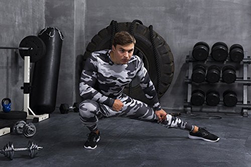 Fringoo ® Men Compression Set Workout Training Base Layer Shirt + Tights Running Skin Fit Thermal Top Stretchy Gym Fitness Leggings S/M/L/XL (Large, Camo Grey - Set)