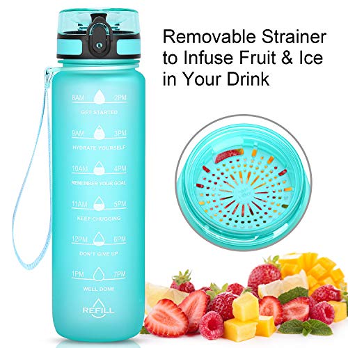 Favofit 1 Litre / 32 oz Sports Water Bottle with Motivational Time Marker, Fruit Infuser Filter and Cleaning Brush, Leakproof, BPA-free Tritan Plastic, 1 Click Open with Lock (Mint)