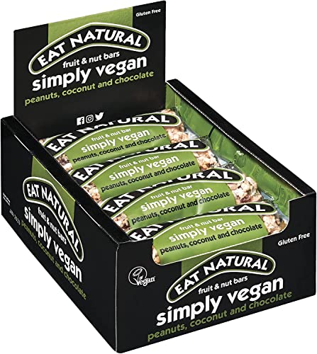 Eat Natural Simply Vegan Peanuts, Coconut & Chocolate — 12 x 45g Snack Bars 45g, Gluten Free Snacks — Dark Chocolate, Peanuts, Toasted Coconut & Blossom Nectar — High Fibre Cereal Bars — Vegan
