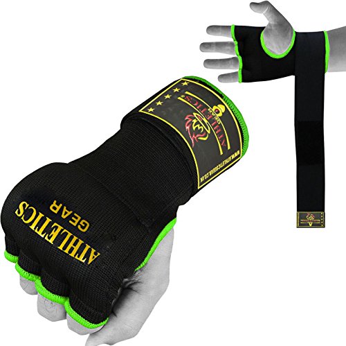 Pro Training Boxing Hand Wraps Inner Gloves by Athletics Gear| Half Finger Elastic Bandages Mitts MMA Punching Fist Protector (Black/Green, Small)