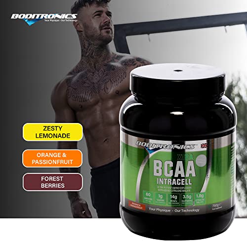 Boditronics BCAA Intracell Xtra Pre Workout Protein Powder, Branched Chain Amino Acid Supplement with Vitamin B6 & B3 Immune Booster, Electrolytes, Amino Energy Drink Powder (Orange Passionfruit 750g)
