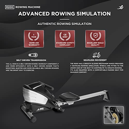 JLL® R200 Luxury Home Rowing Machine, 2023 Model Rowing Machine Fitness Cardio Workout with Adjustable Resistance, Advanced Driving Belt System, 12-Month Warranty, Black and Silver Colour