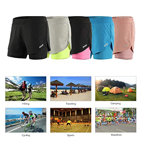 Lixada Women Running Shorts 2-in-1 Double Layer Elastic Waistband Sport Shorts No-Chafing Quick Drying Breathable Workout Fitness Active Yoga Jogging Shorts