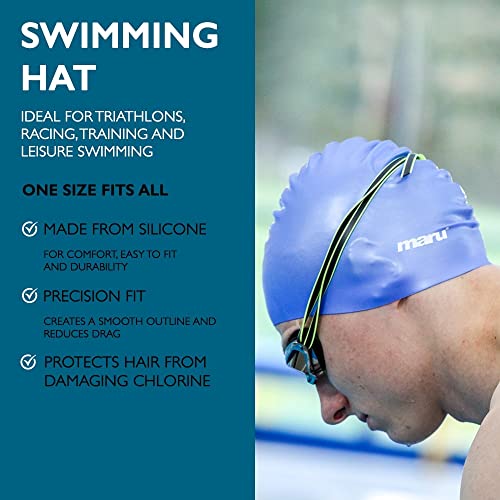 MARU Swimming Hat, 100% Silicone Swim Cap, Unisex Adult Swimming Cap, Lightweight Swimming Caps for Men and Women, Comfortable and Durable Swim Hats Designed in the UK (Blue/Black, One Size)