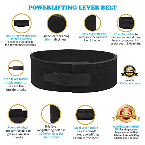 Hawk Sports Lever Belt Black Genuine Leather Powerlifting Men & Women Power Lifting 10mm Weightlifting Belt! (Black, Medium)