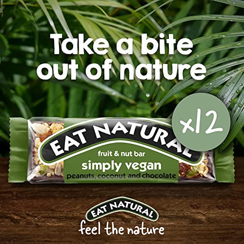Eat Natural Simply Vegan Peanuts, Coconut & Chocolate — 12 x 45g Snack Bars 45g, Gluten Free Snacks — Dark Chocolate, Peanuts, Toasted Coconut & Blossom Nectar — High Fibre Cereal Bars — Vegan