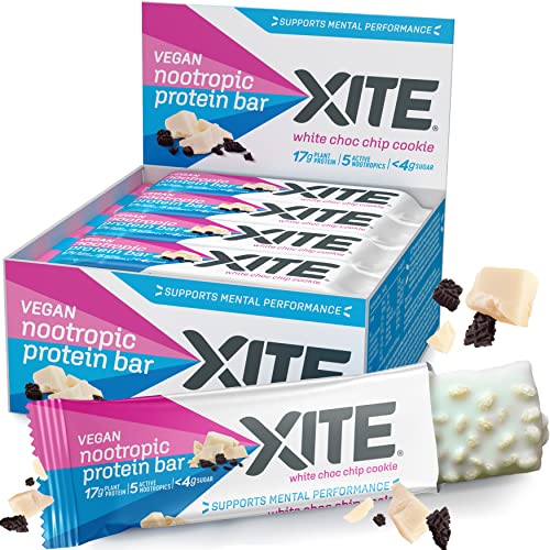 XITE Protein Bars - Vegan Nootropic Healthy Snacks for Adults - Lions Mane, Zinc, Choline & Bacopa Monnieri for Energy, Recovery & Brain Focus - Gluten Free White Chocolate Chip Cookie, Pack of 12
