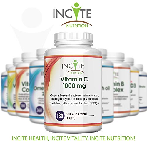 Vitamin C 1000mg | 180 Premium Tablets (6 Month’s Supply) | High Dose Quality Ascorbic Acid | Suitable for Vegetarian & Vegans| Made in The UK by Incite Nutrition®