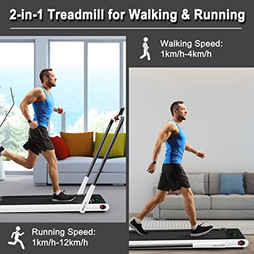 COSTWAY Folding Treadmill, 2 in 1 Under Desk Motorized Treadmills with Bluetooth Speaker, APP & Remote Control, LED Display, Installation-Free Walking Running Machine for Home Fitness (White)