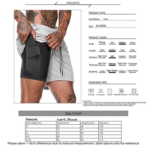 Borlai Men's Quick Dry Fitness Shorts Gym Running Shorts Double-Layer Sports Undershorts Summer Short, Size: M/L/XL/XXL/XXXL Light Grey