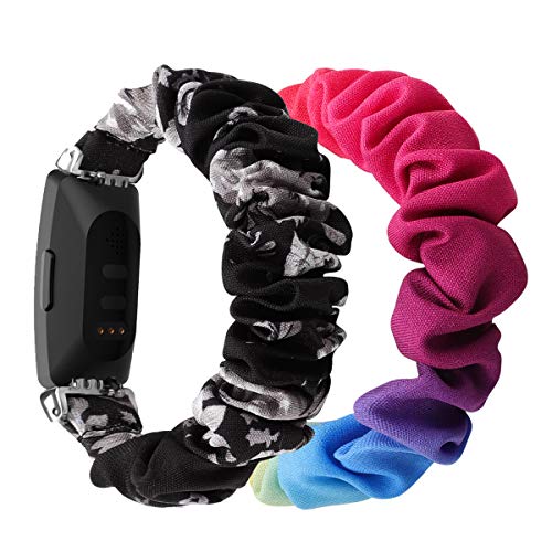 (2-Pack) Chofit Strap Compatible with Fitbit Inspire 2/Inspire HR/Inspire Straps, Replacement Scrunchies Arm Band Chiffon Satin Wristband for Inspire 2 Fitness Tracker (Large, Black-Grey+Rainbow)