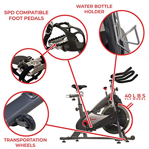 Sunny Health & Fitness Exercise Indoor Studio Cycle Bike with 40lb Flywheel, Belt Drive Premium Indoor Cycle w/Clipless and Caged Pedals - SF-B1509