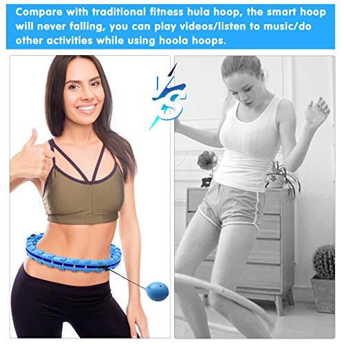 OOTO Smart Weighted Hula Hoop, 24 Knots Adjustable Fitness Exercise Weighted Hula Hoop, 360Degrees Massage No Fall Gravity Ball Hoola Hoops for Adults Thin Waist for Home Workout,Weight Loss Blue