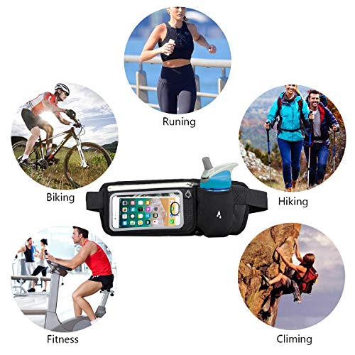Accering Running Belt Waist Bag Fanny Pack for Men & Women with Water Bottle Holder, Hold iPhone 8 Plus Screen Size 6.5 Inch Workout Belt Sport Waist Pack for Hiking Cycling Gym (Black)