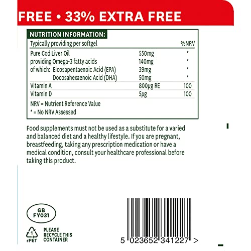 Natures Aid Cod Liver Oil 550 mg 120 Softgel Capsules (Providing 120 mg Omega-3, with Vitamins A and D, For The Normal Function of the Immune System, Purity Guaranteed, Made in the UK)