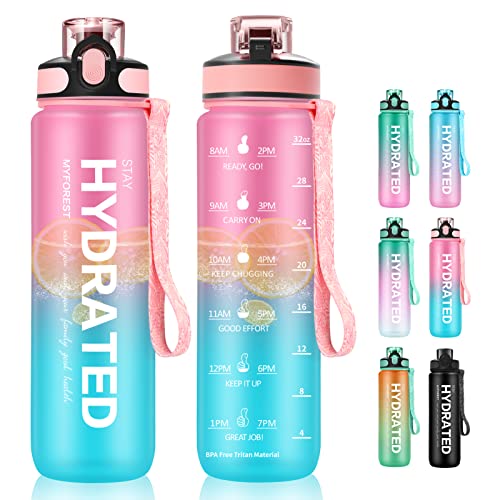 MYFOREST 1Litre Water Bottle BPA Free Material,1L Drinking Bottle with Straw & Time markings,1000ml Water Jug Meet Your Drinking Water Needs Throughout The Day - Pink Blue