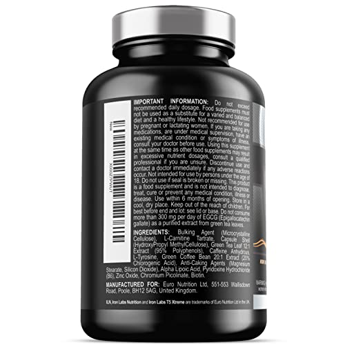 Iron Labs T5 Xtreme for Men and Women – Keto Diet Friendly – Plus Green Tea Extract, L Carnitine and Caffeine – High in Chromium for Macronutrient Metabolism – 180 Vegetarian Capsules