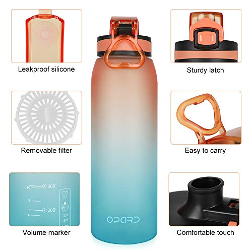 Opard Sports Water Bottle, 900ml BPA Free Non-Toxic Tritan Plastic Drinking Bottle with Leak Proof Flip Top Lid for Gym Yoga Fitness Camping - Orange Blue Gradient